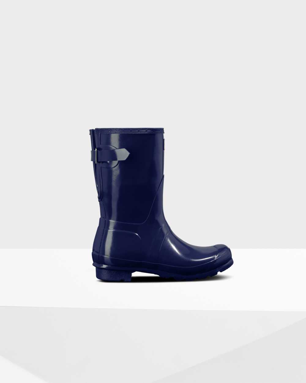 Womens Hunter Original Short Back Adjustable Gloss Rain Boots Blue | RNUWCS-917